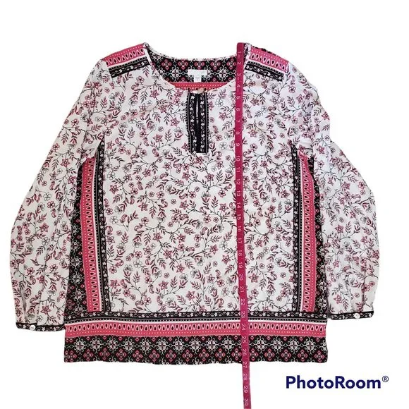 J.Jill Women's Border Floral Print Long Sleeve Peasant Top Black/Pink Sz Medium - Picture 11 of 13